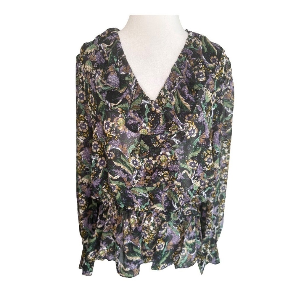 Catherine Malandrino Floral Print Ruffle Trim Long Sleeve Blouse Top Small NWT